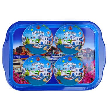 Sığacık Themed Large Metal Tray with Four Bowl Set