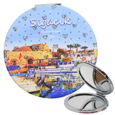 Sığacık Themed Custom Printed Round Pocket Mirror - Thumbnail