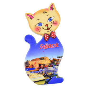 Sığacık Themed Customised UV Printed Plastic Base Cat Shaped Fridge Magnet 43x87 mm - Thumbnail