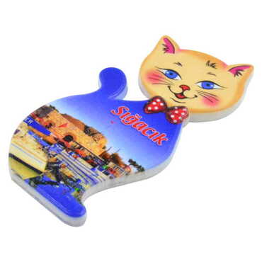 Sığacık Themed Customised UV Printed Plastic Base Cat Shaped Fridge Magnet 43x87 mm - Thumbnail