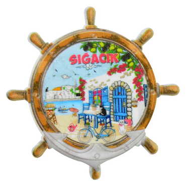 Sığacık Themed Customised UV Printed Plastic Base Marin Rudder Shaped Fridge Magnet 82x82 mm - Thumbnail