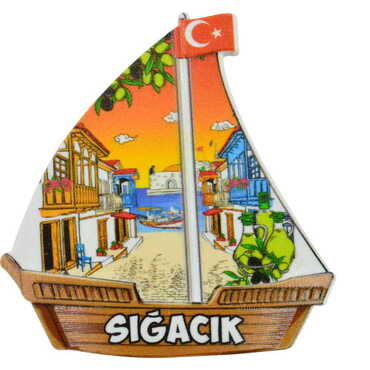 Myros - Sığacık Themed Customised UV Printed Plastic Base Sail Ship Shaped Fridge Magnet 77x80 mm