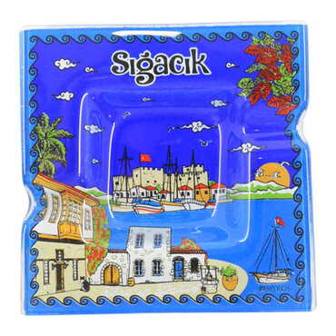 Myros - Sığacık Themed Decorated Glass Ashtray 100X100 Mm