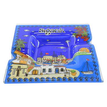 Sığacık Themed Decorated Glass Ashtray 100X100 Mm - Thumbnail