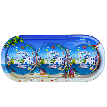 Sığacık Themed Metal Oval Tray with Triple Bowl Set - Myros