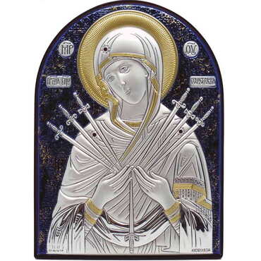 Silver Over Gold And Blue Hand Decorated Swarowski Stone Of The Virgin Mary (Arrows 7) Icon (150 X 110 Mm) - 1