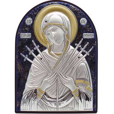 Silver Over Gold And Blue Hand Decorated Swarowski Stone Of The Virgin Mary (Arrows 7) Icon (150 X 110 Mm) - Thumbnail