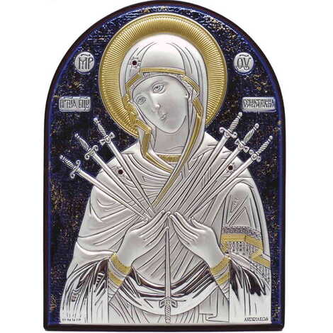 Silver Over Gold And Blue Hand Decorated Swarowski Stone Of The Virgin Mary (Arrows 7) Icon (150 X 110 Mm)