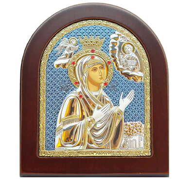 Myros - Silver Virgin Mary Ephesus Serigraphy Golden And Blue Decoration, Wooden Foot Icon 110X130 mm