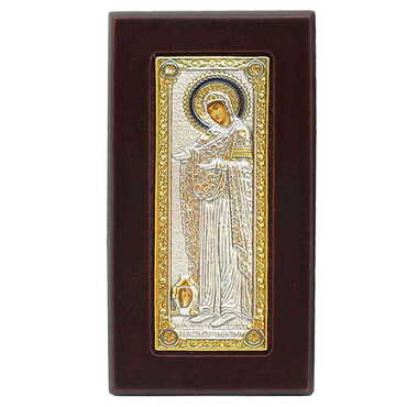 Myros - Silver Virgin Mary Gerontissa Serigraphy Gold Frame Glass Icon 115X235 mm