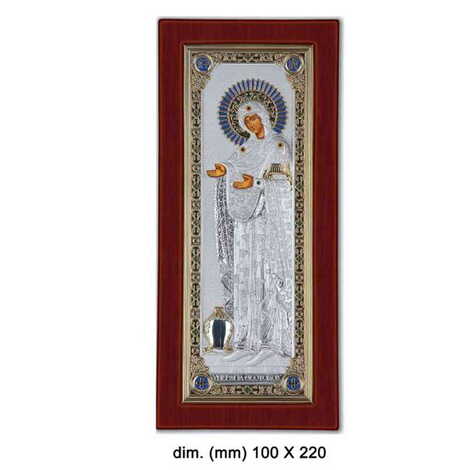 Silver Virgin Mary Gerontissa Serigraphy Gold Frame Glass Icon 165X325 mm