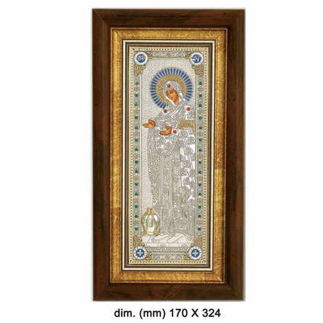 Silver Virgin Mary Gerontissa Serigraphy Gold Wooden Foot Icon 95X180 mm