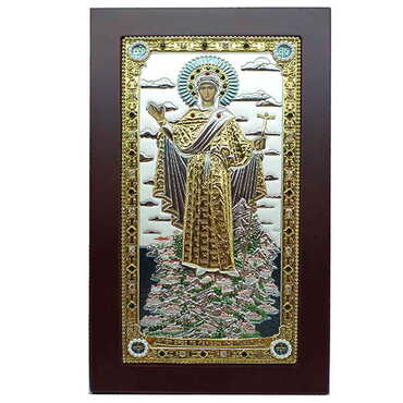 Myros - Silver Virgin Mary Gerontissa Serigraphy Gold Wooden Icon 100X220 mm