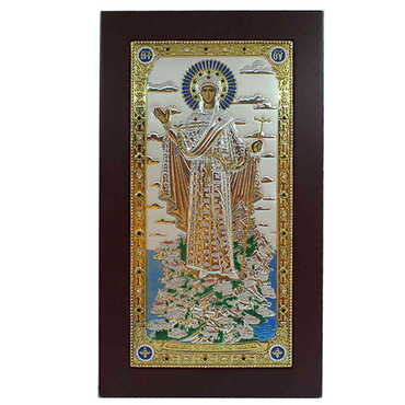 Myros - Silver Virgin Mary Gerontissa Serigraphy Gold Wooden Icon 125X280 mm