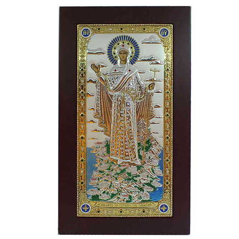 Silver Virgin Mary Gerontissa Serigraphy Gold Wooden Icon 125X280 mm