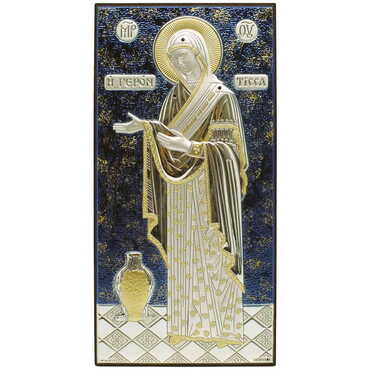 Silver Virgin Mary Gerontissa With Bi-Laminated Silver Plaque, Golden And Blue Decoration, Swarowski Stoned Crystals And Wooden Icon 120x230 mm - Thumbnail