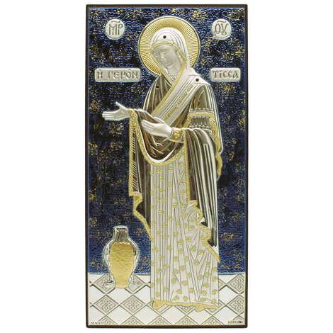 Silver Virgin Mary Gerontissa With Bi-Laminated Silver Plaque, Golden And Blue Decoration, Swarowski Stoned Crystals And Wooden Icon 40x70 mm