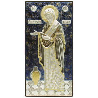 Silver Virgin Mary Gerontissa With Bi-Laminated Silver Plaque, Golden And Blue Decoration, Swarowski Stoned Crystals And Wooden Icon 90x170 mm - Thumbnail