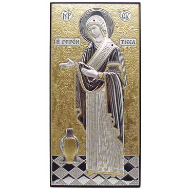 Myros - Silver Virgin Mary Gerontissa With Bi-Laminated Silver Plaque, Golden Decoration, Swarowski Stoned Crystals And Wooden Icon 120x230 mm