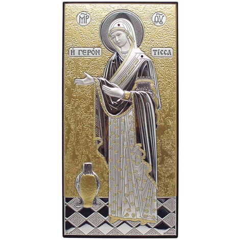 Silver Virgin Mary Gerontissa With Bi-Laminated Silver Plaque, Golden Decoration, Swarowski Stoned Crystals And Wooden Icon 40x70 mm - 1