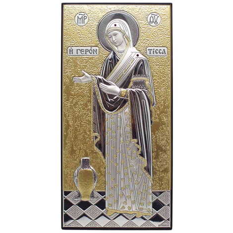 Silver Virgin Mary Gerontissa With Bi-Laminated Silver Plaque, Golden Decoration, Swarowski Stoned Crystals And Wooden Icon 50x100 mm - 1