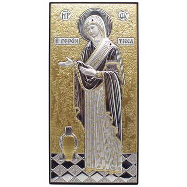 Silver Virgin Mary Gerontissa With Bi-Laminated Silver Plaque, Golden Decoration, Swarowski Stoned Crystals And Wooden Icon 65x130 mm - Myros
