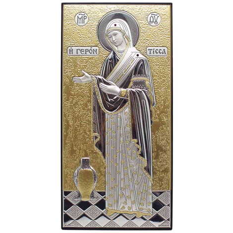 Silver Virgin Mary Gerontissa With Bi-Laminated Silver Plaque, Golden Decoration, Swarowski Stoned Crystals And Wooden Icon 65x130 mm - 1