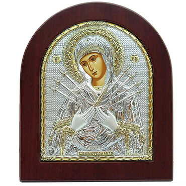 Myros - Silver Virgin Mary Of 7 Swords Serigraphy Gold Icon 110X130 mm