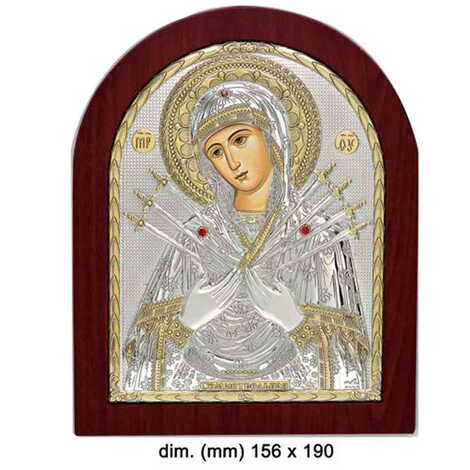 Silver Virgin Mary Of 7 Swords Serigraphy Gold Icon 156X190 mm