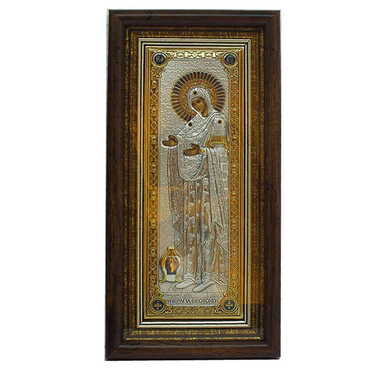 Myros - Silver Virgin Mary Of Mount Athos Serigraphy Gold Wooden Foot Many Stones Icon 200X250 mm