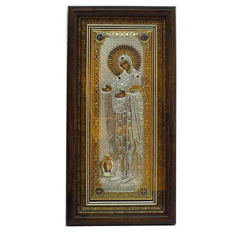 Silver Virgin Mary Of Mount Athos Serigraphy Gold Wooden Foot Many Stones Icon 200X250 mm