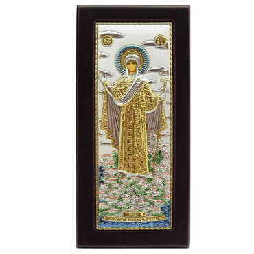 Myros - Silver Virgin Mary Of Mountain Athos Serigraphy Gold Wooden Foot Icon 50X90 mm