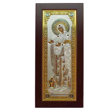 Myros - Silver Virgin Mary Of Mountain Athos Serigraphy Gold Wooden Foot Many Stones Icon 190X390 mm