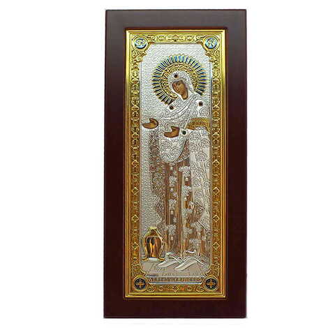 Silver Virgin Mary Of Mountain Athos Serigraphy Gold Wooden Foot Many Stones Icon 190X390 mm