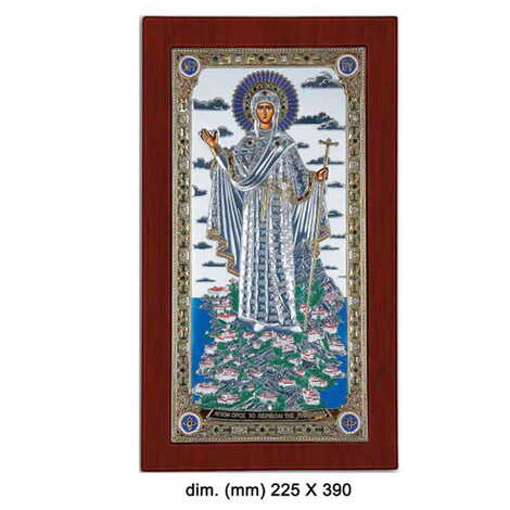 Silver Virgin Mary Of Mountain Athos Serigraphy Gold Wooden Icon 155X250 mm