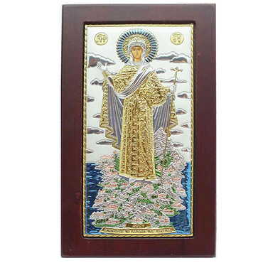 Myros - Silver Virgin Mary Of Mountain Athos Serigraphy Gold Wooden Icon 80X130 mm