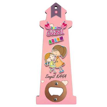 Myros - Sister Themed Lighthouse Shaped Printed MDF Wooden Bottle Opener 188x77 mm