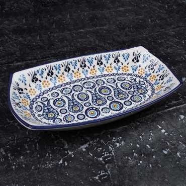 Special Embossed Evil Eye Deep Ceramic Boat Plate 29x18x4 Cm - 2