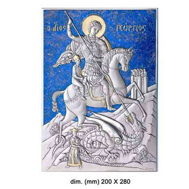 Myros - St. George With Bi-Laminated Silver Plaque, Golden And Blue Decoration And Wooden Icon 203x280 mm