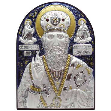 Myros - St. Nicholas Icon With Bi-Laminated Silver Plaque, Golden And Blue Decoration, Swarowski Stone Icond Crystals And Wooden Back 190x140 mm