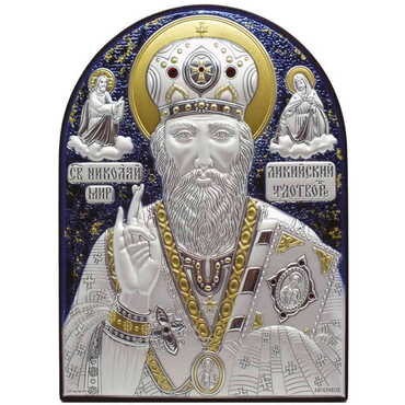 Myros - St. Nicholas Mm Silver Laminated Blue Hand And Golden Decoration With Swarowski Stone Icon 85x65