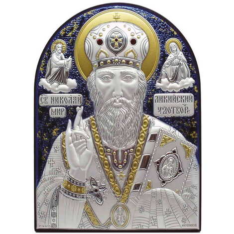 St. Nicholas Mm Silver Laminated Blue Hand And Golden Decoration With Swarowski Stone Icon 85x65