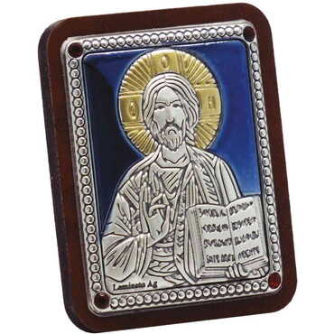 St. Nicholas Silver Laminated Blue Hand And Golden Decoration With Swarowski Stone Icon 45x35 Mm - Thumbnail