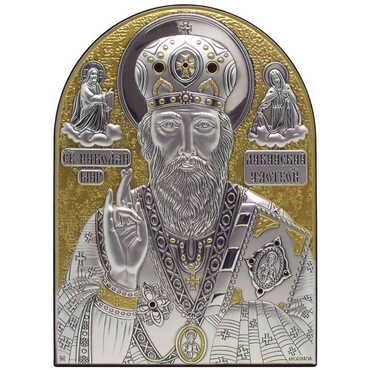 St. Nicholas Silver Laminated Golden Decoration With Swarowski Stone Icon 110x80 Mm - Myros