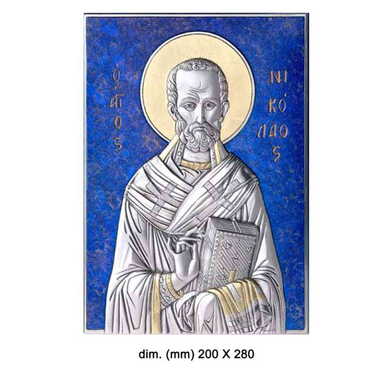 Myros - St. Nicholas With Bi-Laminated Silver Plaque, Golden Decoration And Blue Decoration And Wooden Icon 201x208 mm