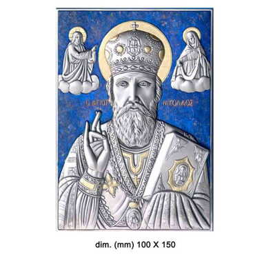 Myros - St.Nicholas With Bi-Laminated Silver Plaque, Golden And Blue Decoration And Wooden Icon 100x150 mm