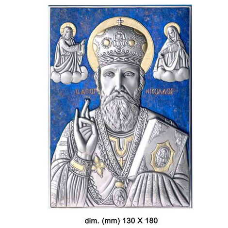 St.Nicholas With Bi-Laminated Silver Plaque, Golden And Blue Decoration And Wooden Icon 130x180 mm