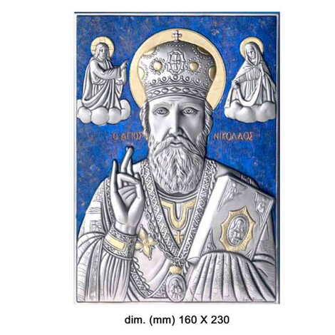 St.Nicholas With Bi-Laminated Silver Plaque, Golden And Blue Decoration And Wooden Icon 160x230 mm