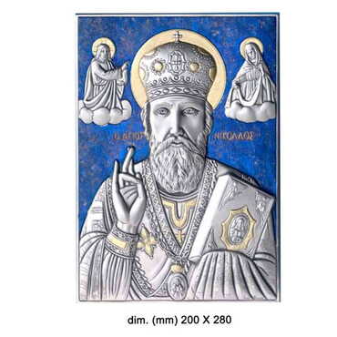 Myros - St.Nicholas With Bi-Laminated Silver Plaque, Golden And Blue Decoration And Wooden Icon 204x280 mm