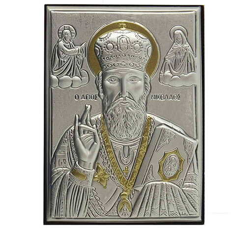 St.Nicholas With Bi-Laminated Silver Plaque, Golden Decoration And Wooden Icon 70x100 mm